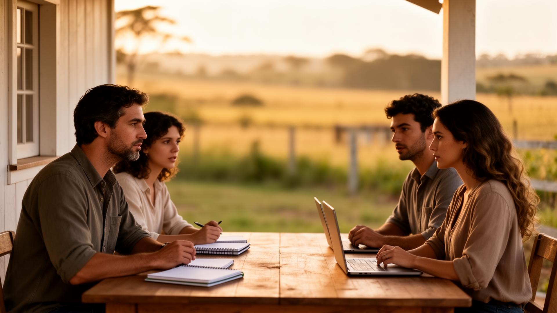 Família rural jovem conversando sobre o negócio em uma varanda ao entardecer